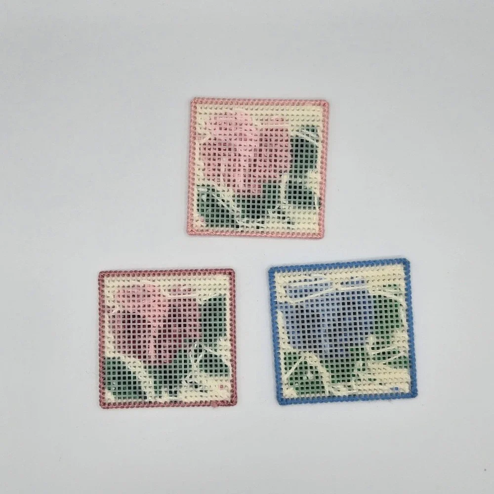 Vintage Handmade Needlepoint Coasters Floral Rose Blue Pink Lot of 3‎ Embroidery